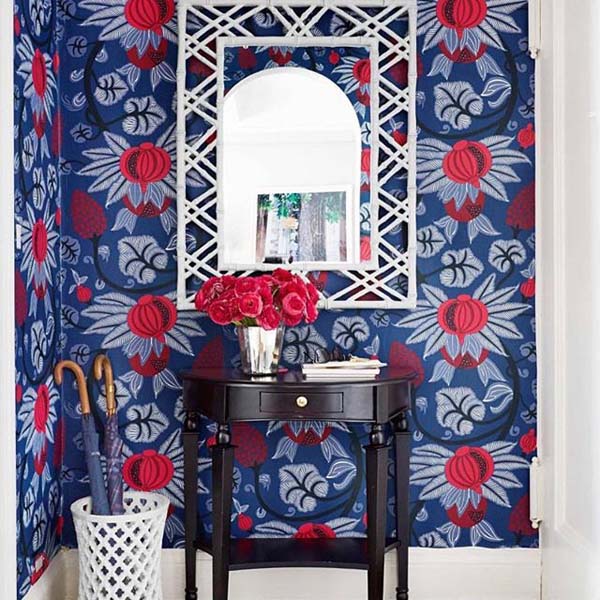 Foyer will blue and red wallpaper